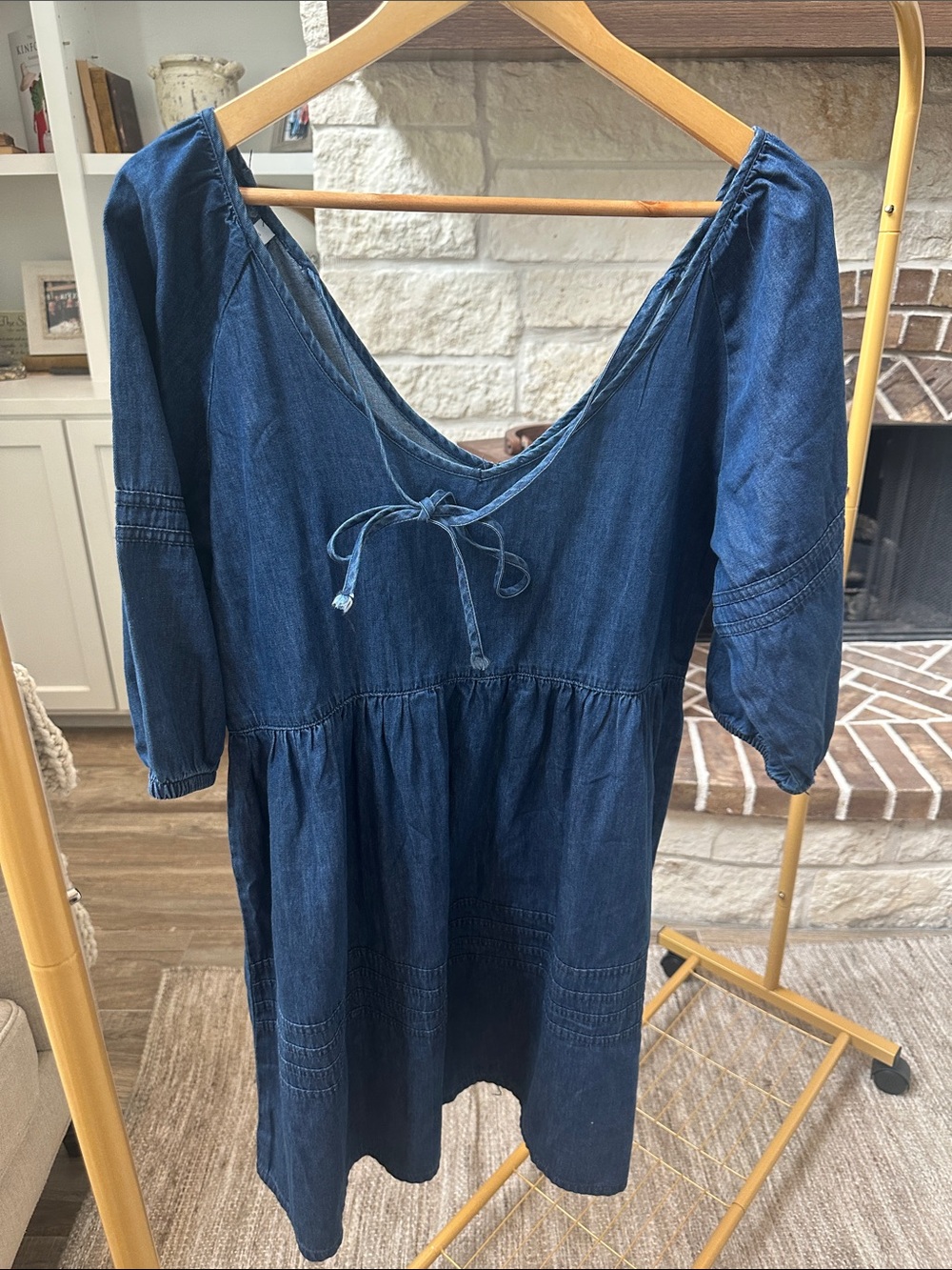 Deep Blue Denim Midi Dress with V-Back Tie